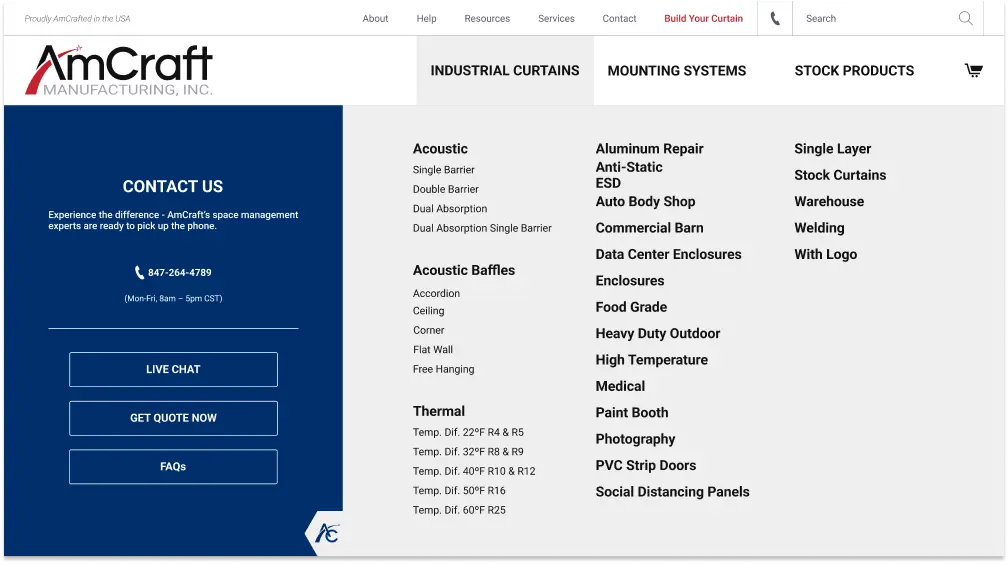 AmCraft Manufacturing industrial curtains menu