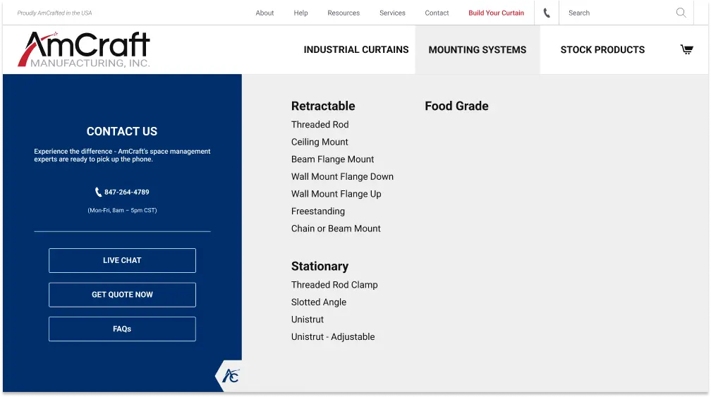 AmCraft Manufacturing mounting systems menu