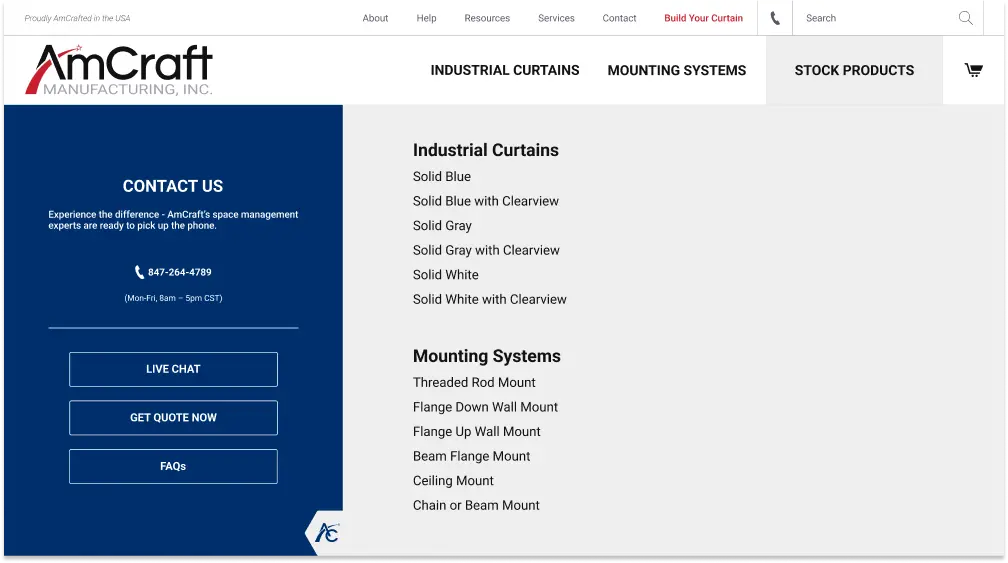 AmCraft Manufacturing mounting systems menu